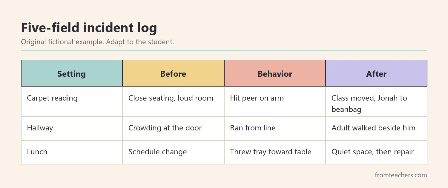 Incident log matrix with columns for setting, before, behavior, and after, filled with a fictional example