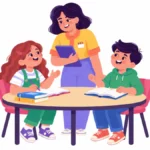 Illustration for using calm voices: two students talking quietly at a group table while a teacher listens nearby