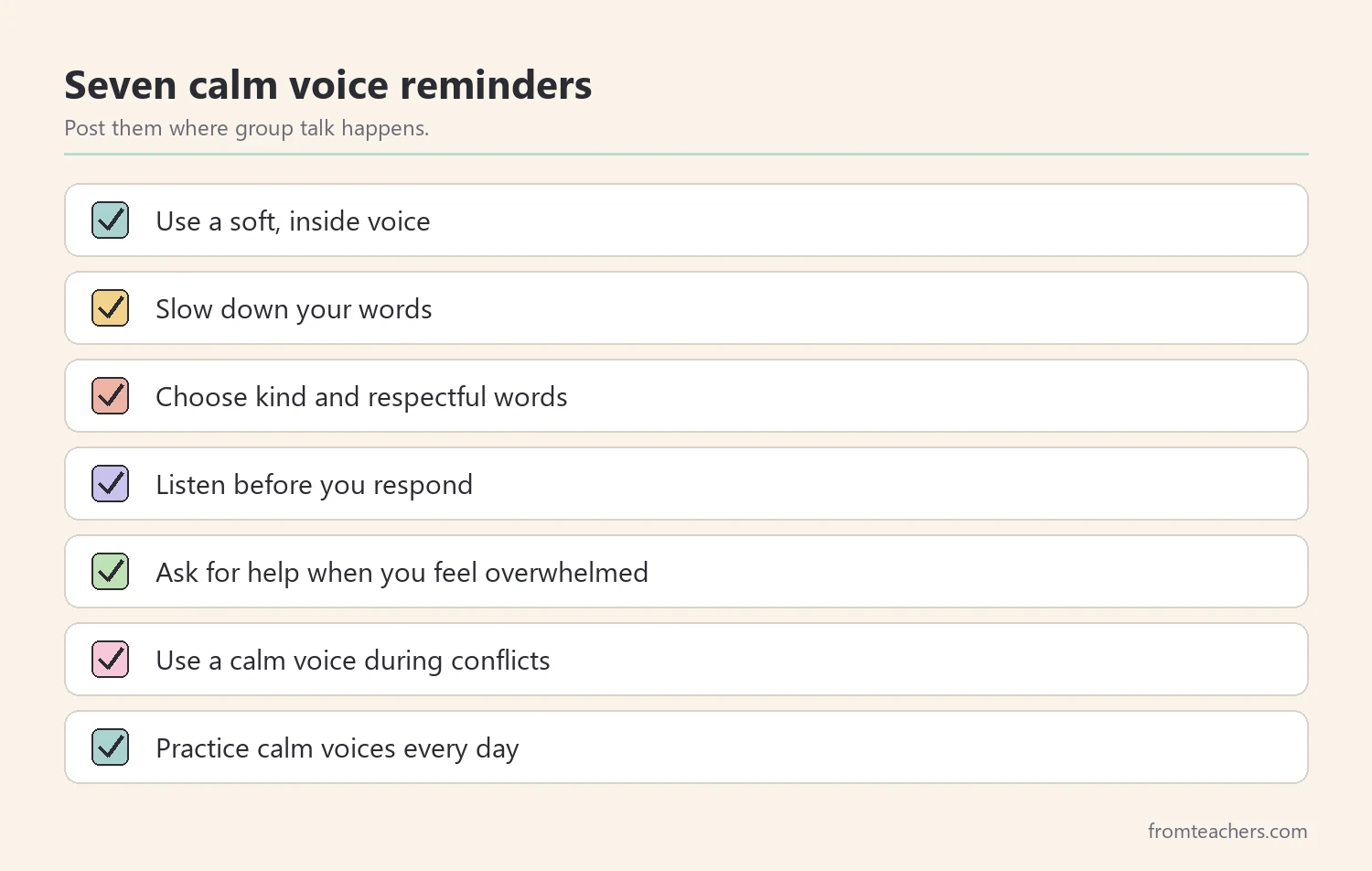Checklist of seven reminders for using calm voices in class