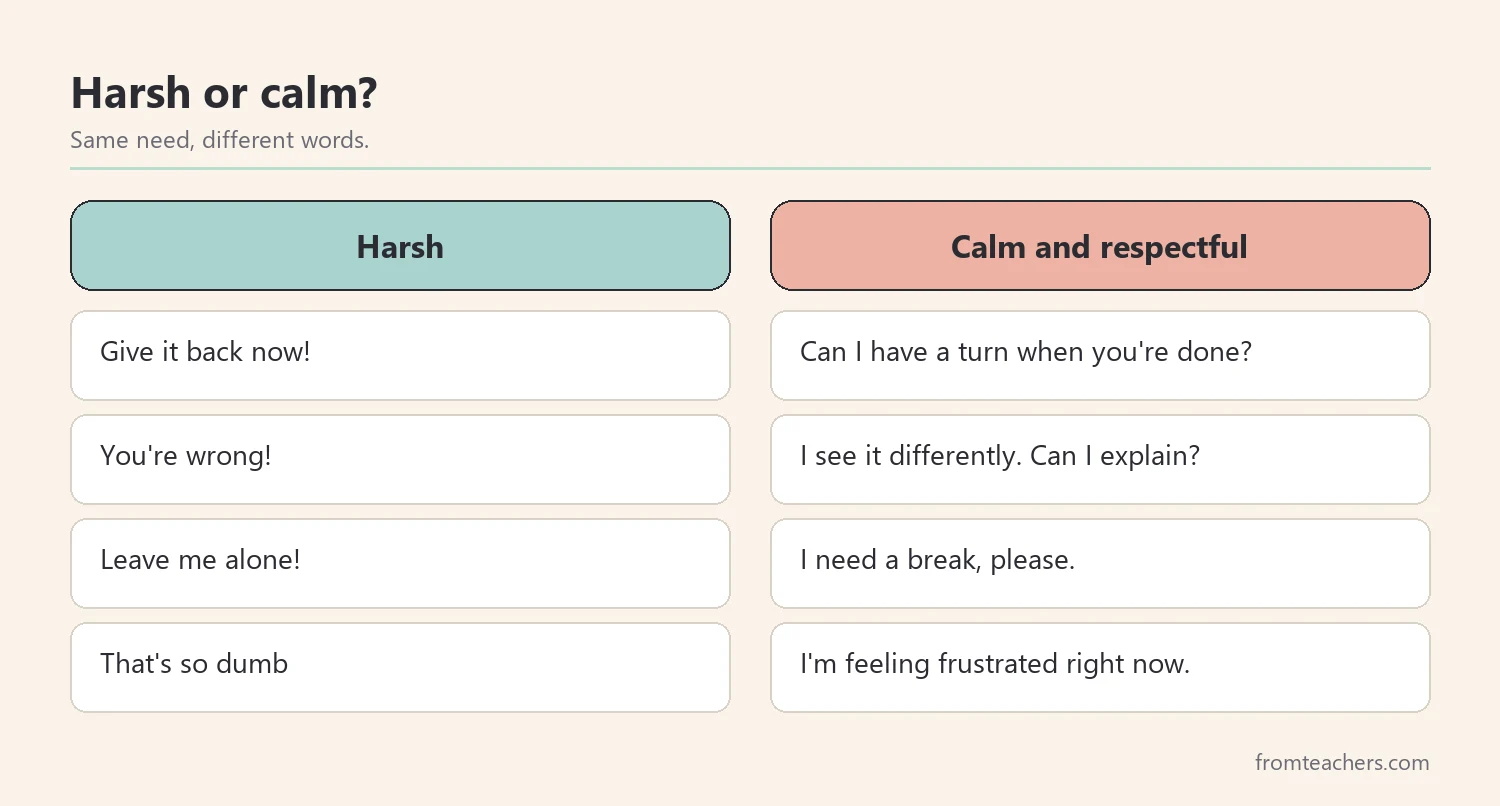Comparison of harsh phrases and calm, respectful alternatives