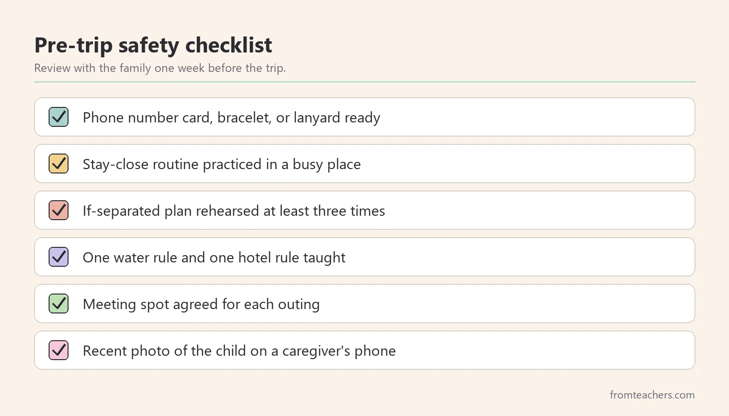 Checklist of safety items and routines to prepare before a family trip