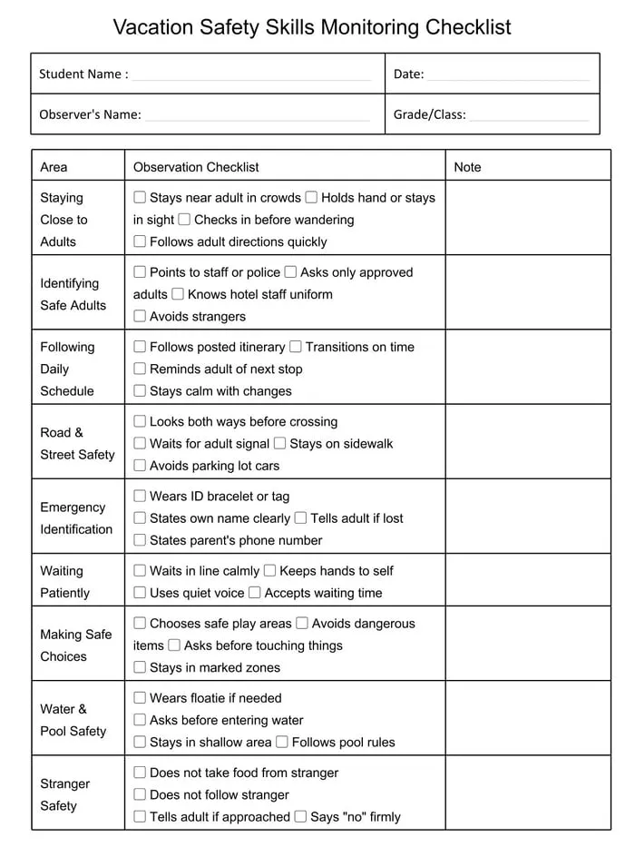 vacation safety skills printable pages preview
