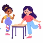 Illustration for vestibular processing strategies: a girl holding a table while balancing on one foot as classmates march in place during a calm warm-up