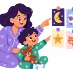 Illustration for visual bedtime routine: a parent and a young child in pajamas pointing at picture cards on a bedroom wall before lights out