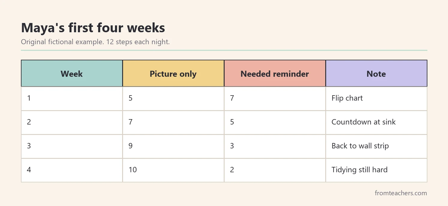 Weekly record of a fictional visual bedtime routine showing steps done with pictures only rising from 5 to 10 out of 12