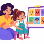 Illustration for visual coping strategies: a young girl pointing at a picture card of a breathing exercise on a feelings board while her teacher kneels beside her