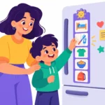 Illustration for visual schedule for home: a mother and her young son standing at the fridge, the boy flipping a brush teeth picture card on a morning routine strip