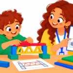 Illustration for visual-spatial learners: a boy building a model bridge next to a labeled sketch while a teacher looks on with a graphic organizer