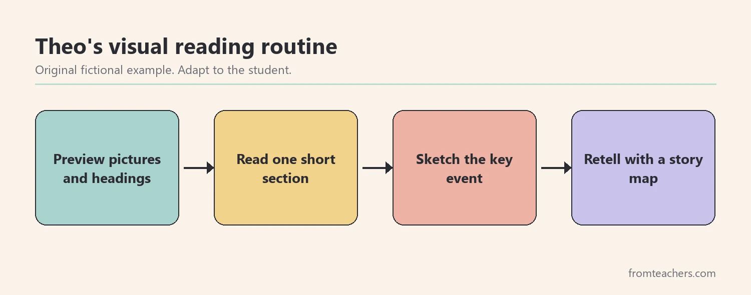 Four-stage flow showing preview, read, sketch, and retell as a visual reading routine
