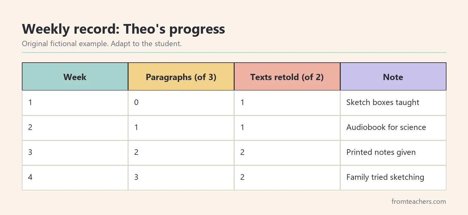 Table of four weeks of fictional data showing paragraphs finished and texts retold