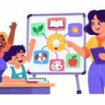 vocabulary intervention plan illustration showing a teacher pointing to a picture word map on a whiteboard while two students raise their hands