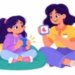 Illustration for what to do when angry: a girl squeezing a stress ball in a calm corner while a teacher sits nearby