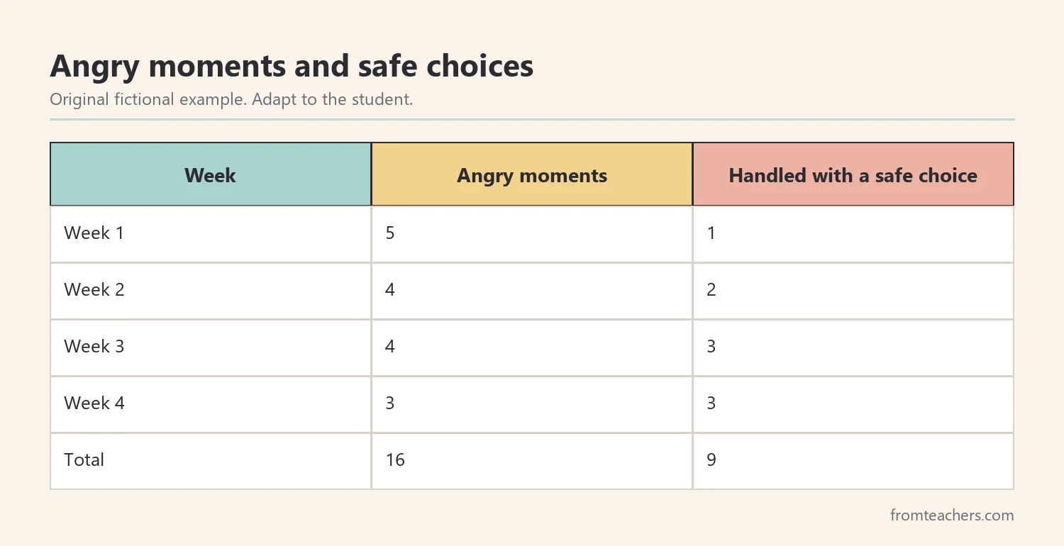 Table of a fictional student's angry moments and safe choices over four weeks