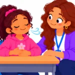 Illustration for what to do when frustrated: a child at a desk taking a slow breath with hands resting on the table while a teacher kneels beside her with a calm smile