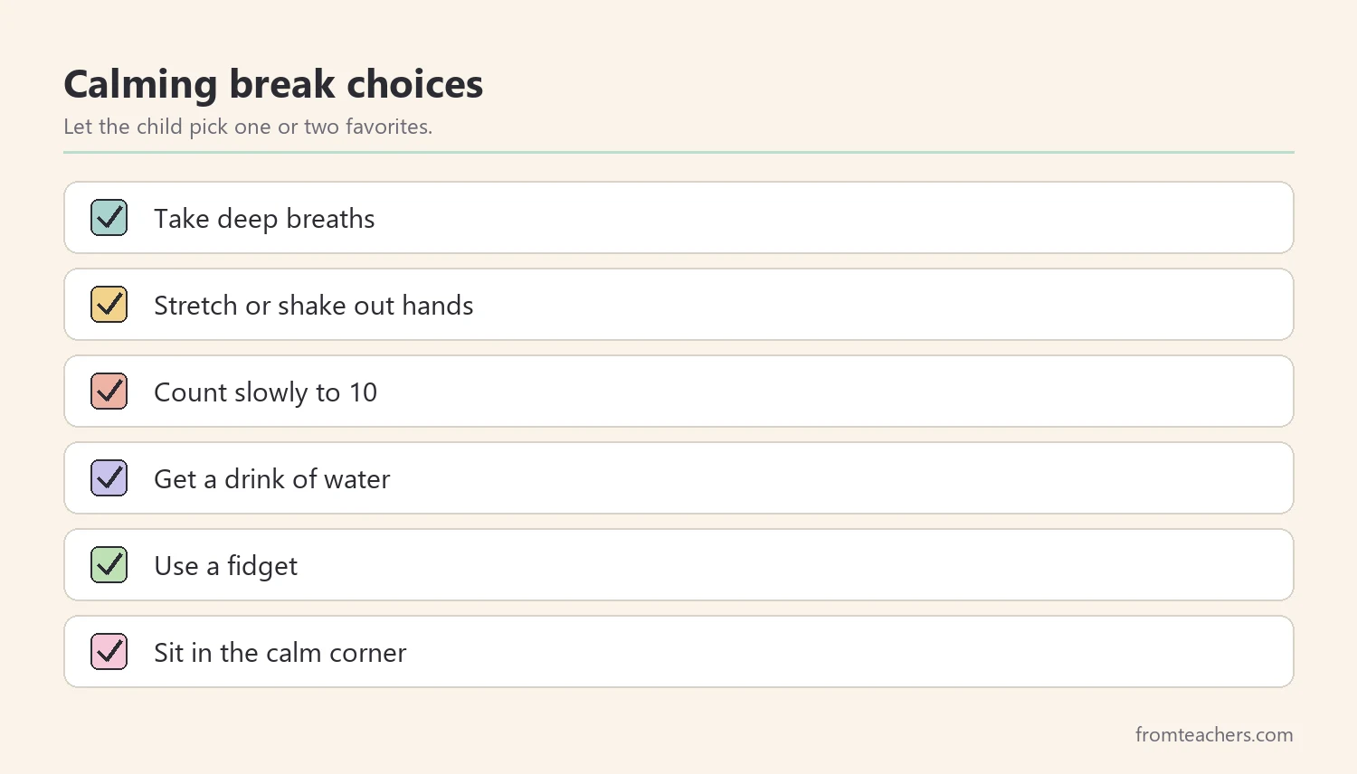 Checklist of six calming break choices for a frustrated child