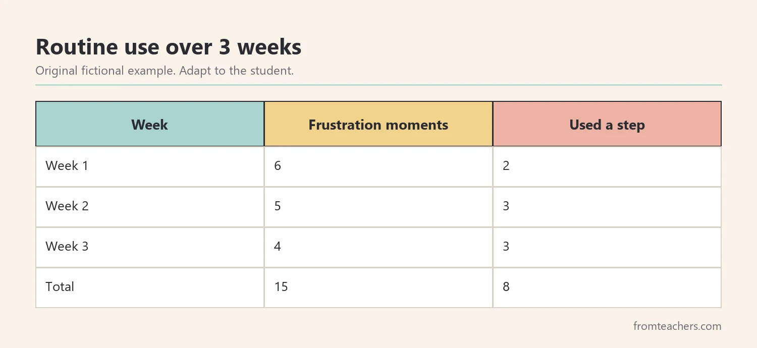 Table of a fictional student's frustration moments and routine use across three weeks, totaling 8 of 15