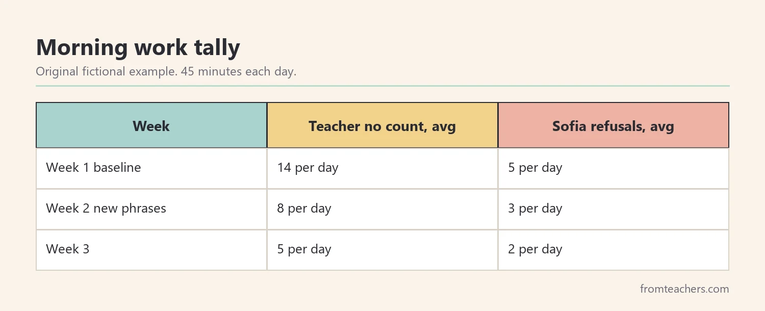 Data table of a fictional teacher's daily no count and a student's refusals over three weeks