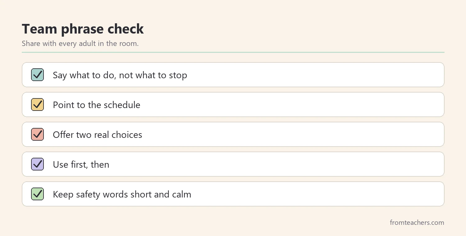 Checklist of five shared phrase habits for a classroom team
