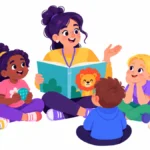 Illustration for whole body listening: young students sitting on a carpet facing a teacher who is reading a picture book
