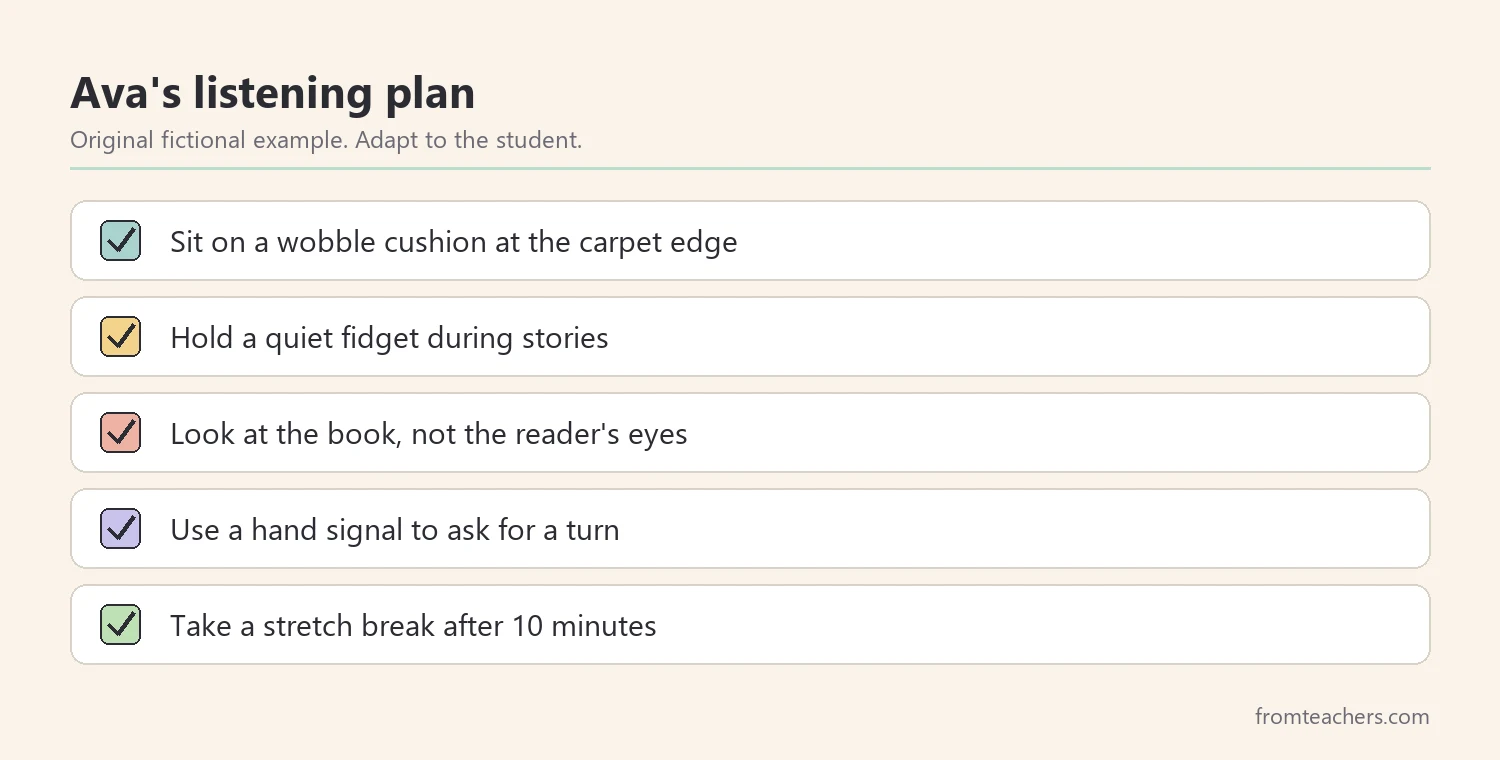 Checklist of a fictional student's individual listening plan