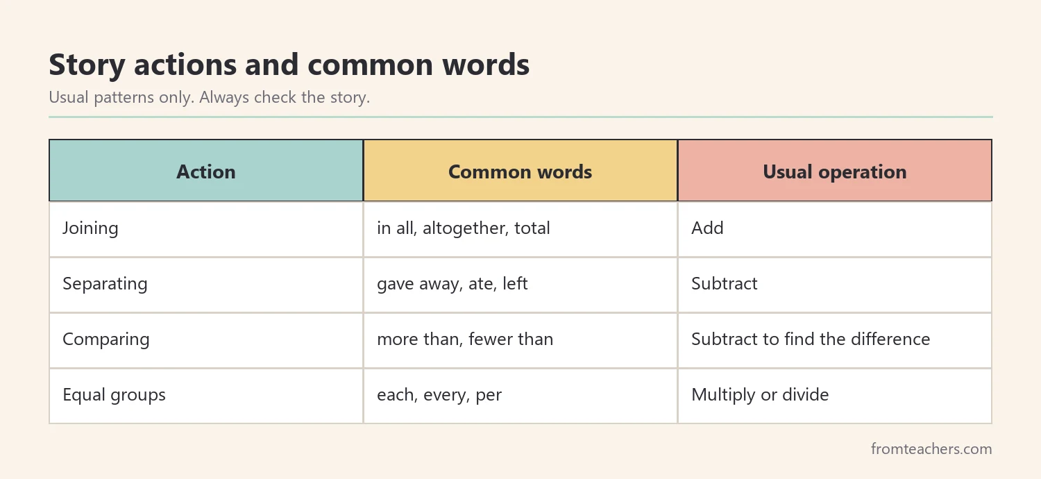 Table matching story actions to common word problem key words and likely operations