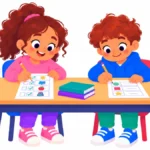 Illustration for working memory vs processing speed: a girl checking off steps on a desk card while a classmate works on a shorter printed page