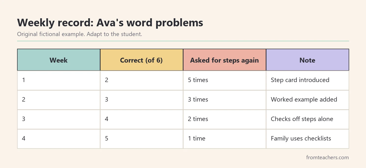 Table of four weeks of fictional data showing problems finished correctly with a step card