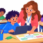Illustration of a fourth grade student typing a story on a laptop while a teacher points to a graphic organizer on the desk