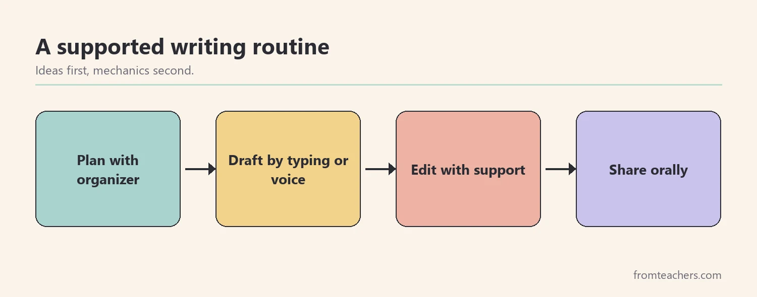 Flow of four boxes showing a supported writing routine