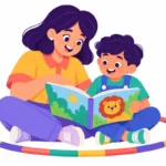 Illustration for writing social stories: a teacher and a boy reading a picture story together, with a hula hoop on the floor showing personal space