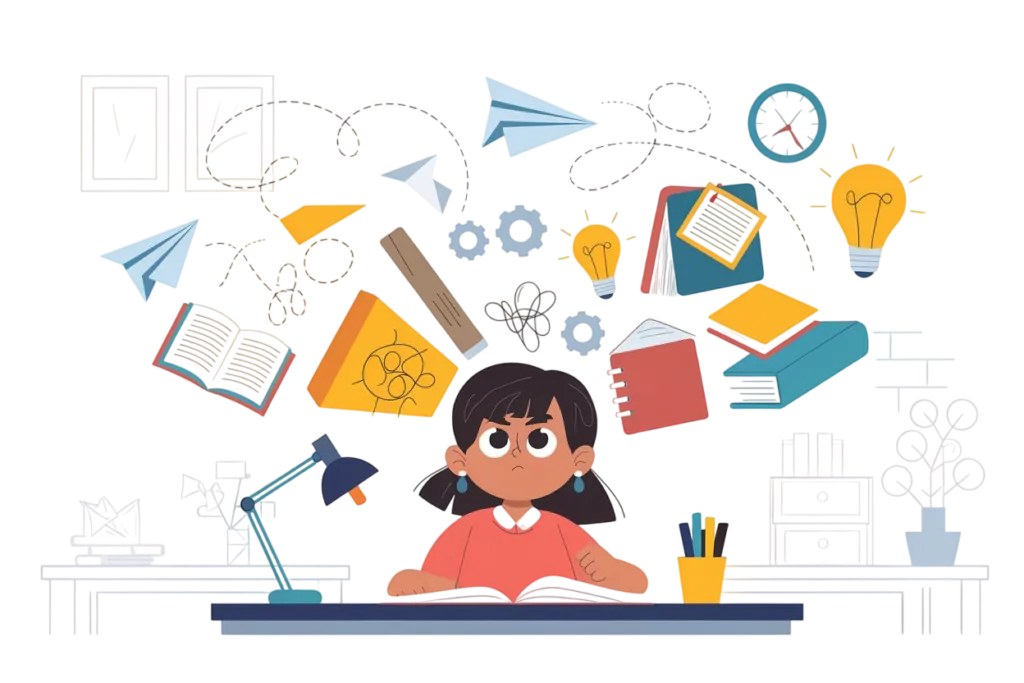 A frustrated young girl sits at a desk with an open book, surrounded by flying paper planes, books, light bulbs, gears, and scattered school supplies.