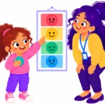 Illustration for zones of regulation tools: a girl pointing to a four-color feelings chart while holding a stress ball beside her teacher
