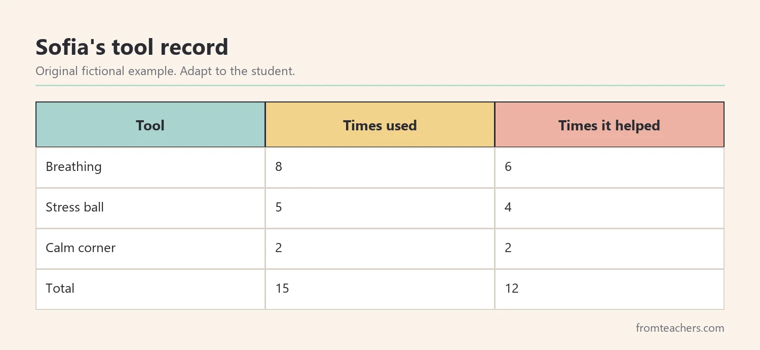 Table of a fictional student's tool uses over two weeks, showing times used and times helped with totals